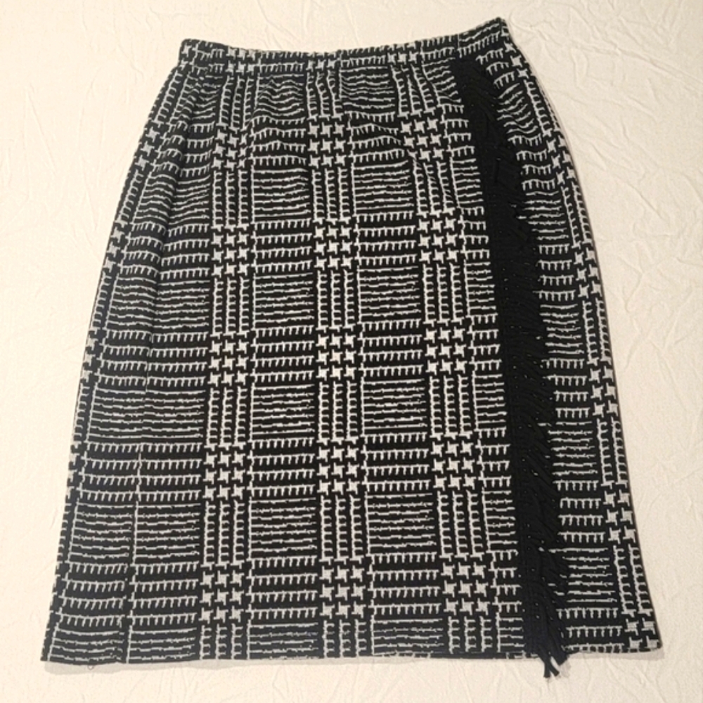 Lennie For Nina Leonard Plaid Fringe Trim Pull-On Knit Skirt; Size PL